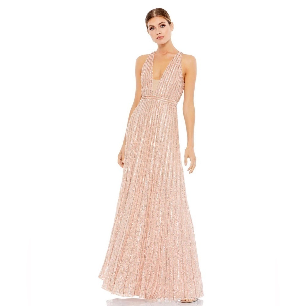 Mac Duggal 93570 NWT SEQUINED SLEEVELESS PLUNGE NECK FLOWY GOWN